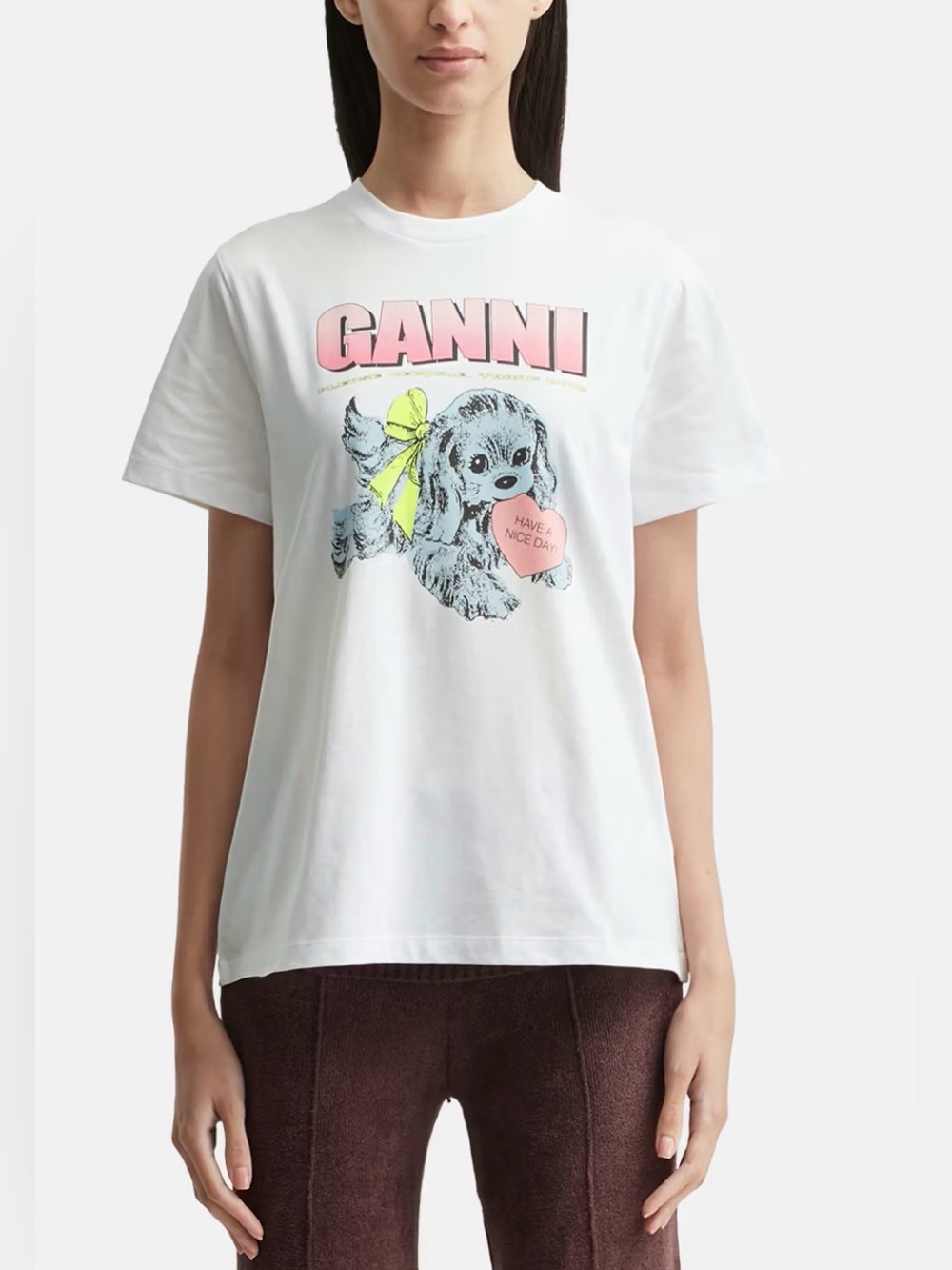 Ganni White Tee with Pink Logo and Yellow Bow Dog Graphic